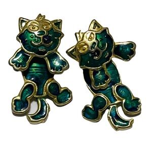 Berebi gold and green dangle cat kitty enamel good luck earrings